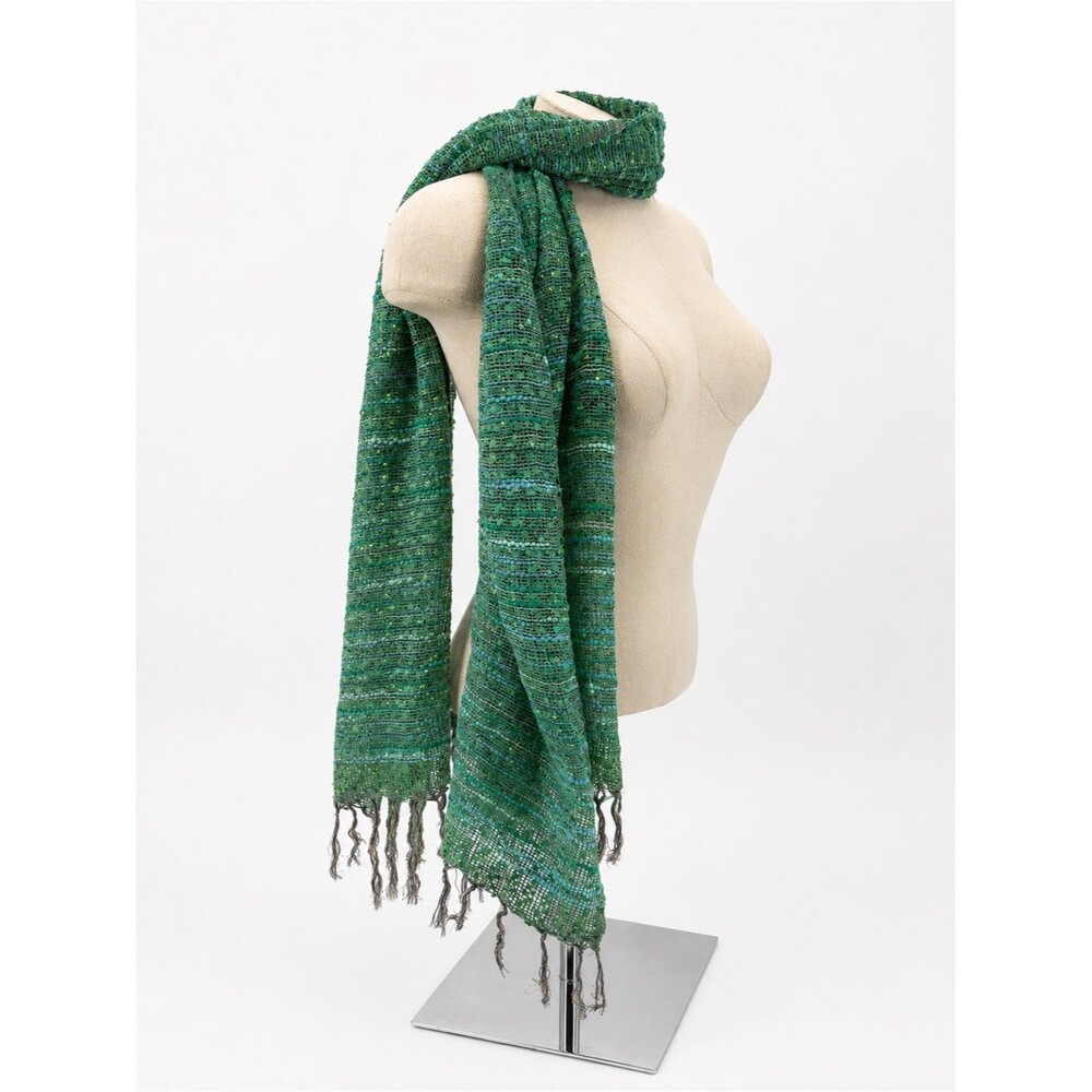 Amanda Blu Green Textured Knit Scarf Accessory Viscose Cotton Fringe Overlay